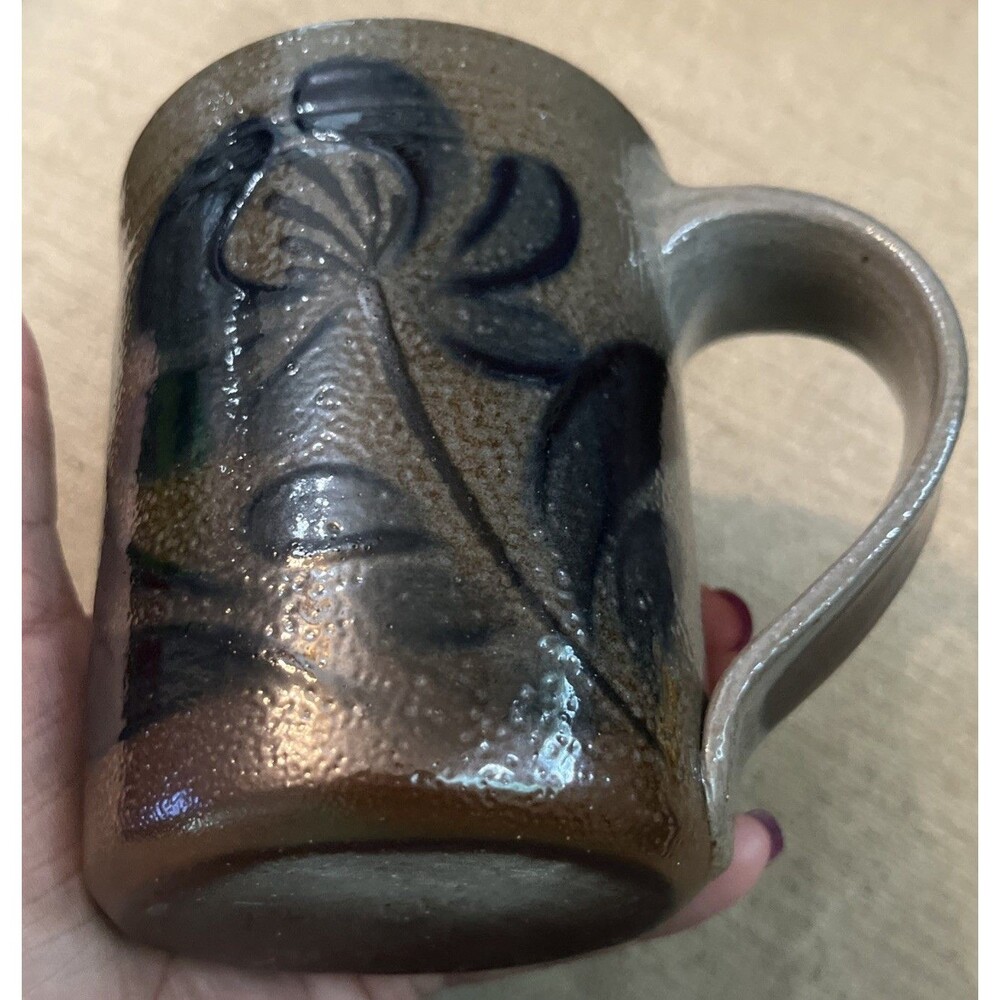 Eldreth Pottery Mug Salt Glazed Handmade Art Stoneware Dark Floral Brown